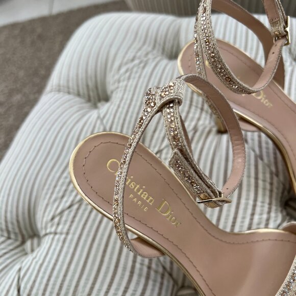 Dior Dway Heeled Sandal Gold-Tone Cotton Embroidered with Metallic Thread - Picture 7 of 15